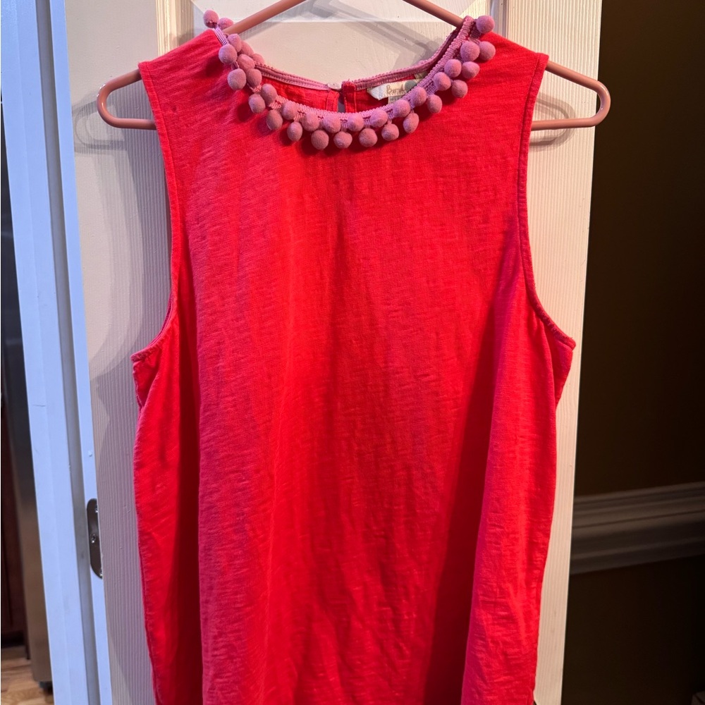 Pom Pom Trim Sleeveless Top - Red